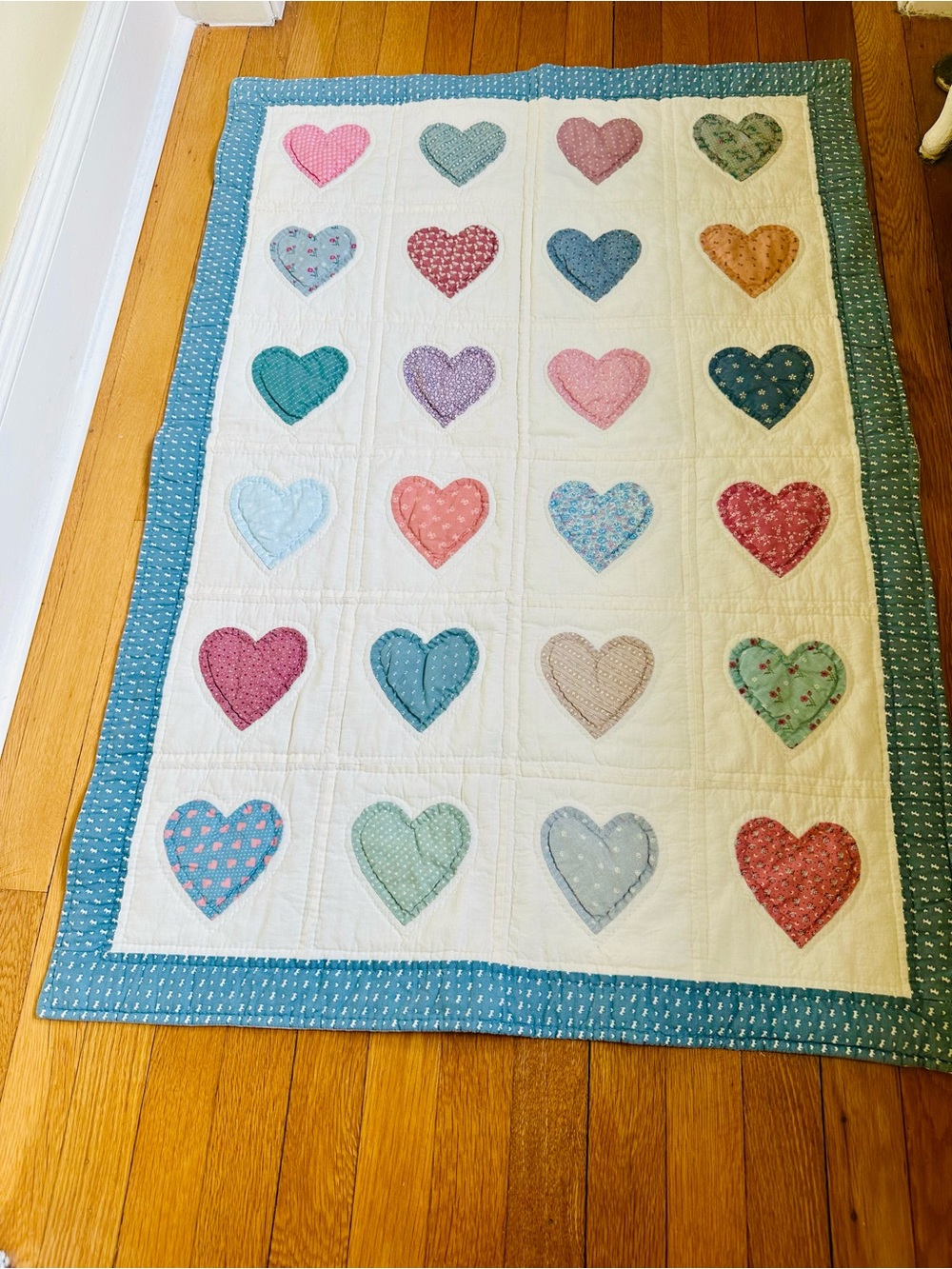 Handmade Heart Patchwork Quilt - Multicolor on White